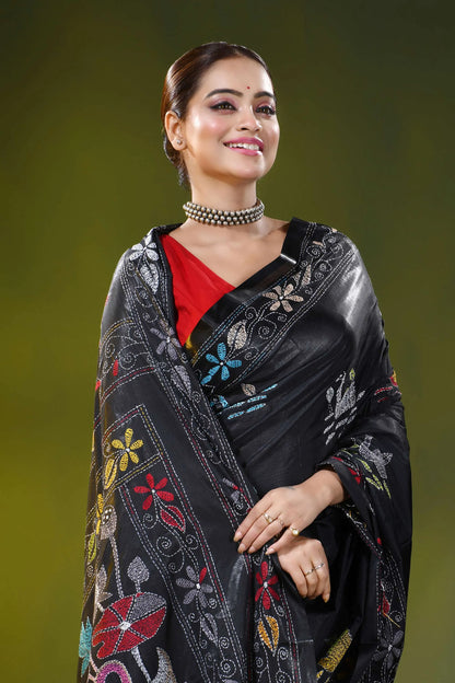 Raven black silk kantha stitch saree with multicolor swan motif 2