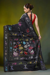 Raven black silk kantha stitch saree with multicolor swan motif 5
