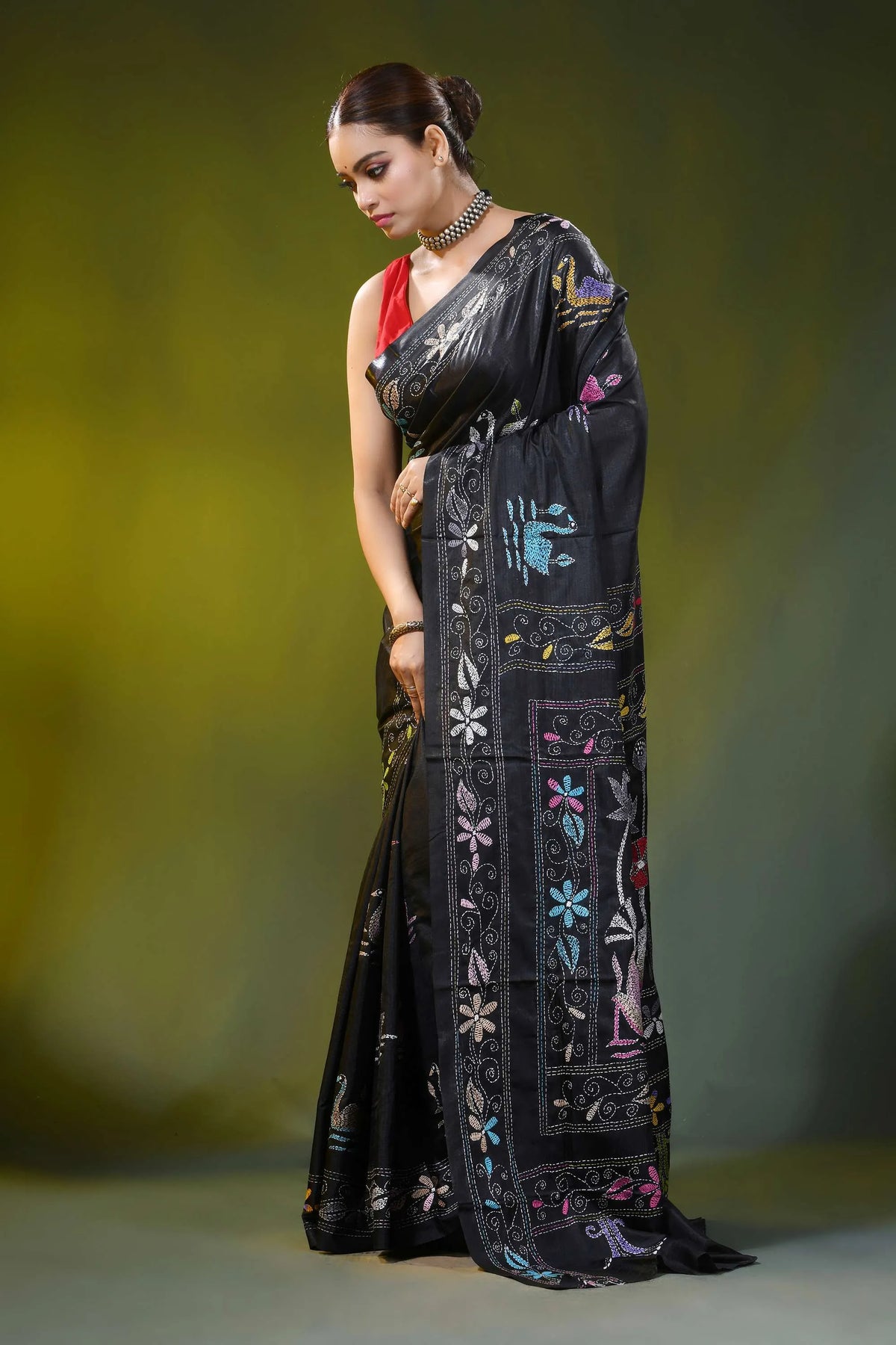 Raven black silk kantha stitch saree with multicolor swan motif 3