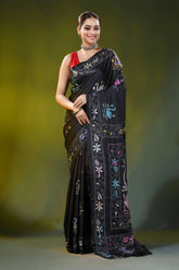 Raven black silk kantha stitch saree with multicolor swan motif 1