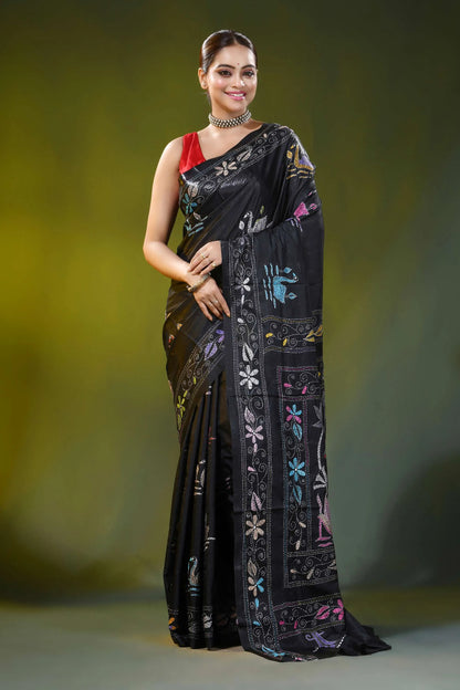 Raven black silk kantha stitch saree with multicolor swan motif 1