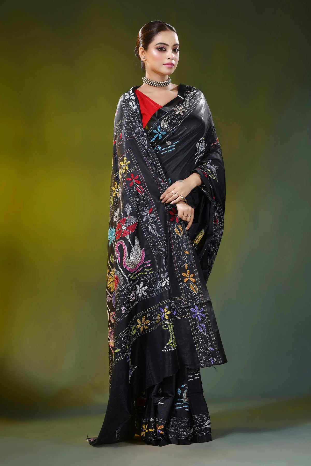 Raven black silk kantha stitch saree with multicolor swan motif 4