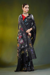 Raven black silk kantha stitch saree with multicolor swan motif 4