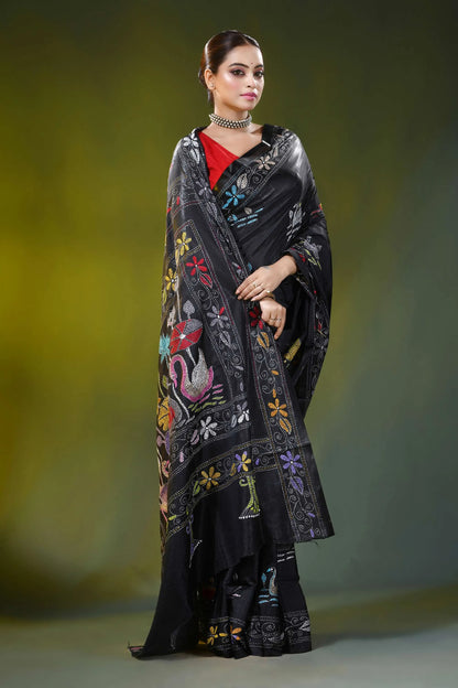 Raven black silk kantha stitch saree with multicolor swan motif 4