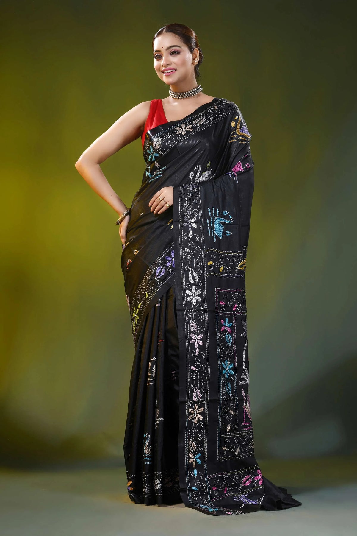 Raven black silk kantha stitch saree with multicolor swan motif 6