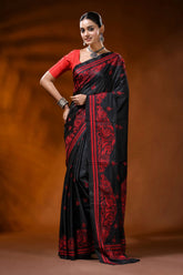 Raven black silk kantha stitch saree with red paisley ethnic motif 1