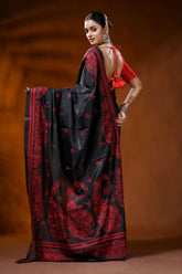 Raven black silk kantha stitch saree with red paisley ethnic motif 5