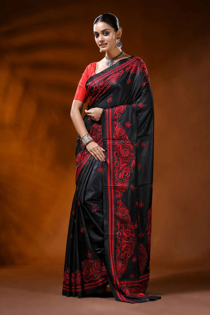Raven black silk kantha stitch saree with red paisley ethnic motif 6