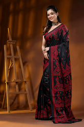 Raven black silk kutch embroidery saree with red geometric motif 3