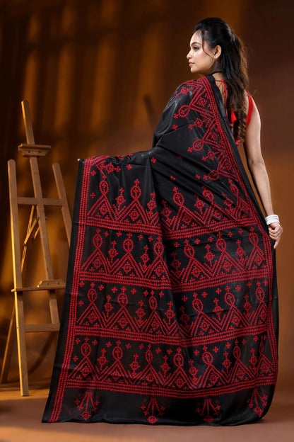 Raven black silk kutch embroidery saree with red geometric motif 5