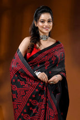 Raven black silk kutch embroidery saree with red geometric motif 2