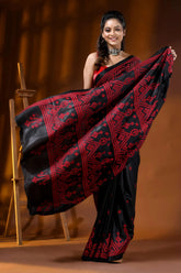 Raven black silk kutch embroidery saree with red geometric motif 4