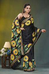 Raven black sunflower design silk kantha work saree black silk saree adorned vibrant 5