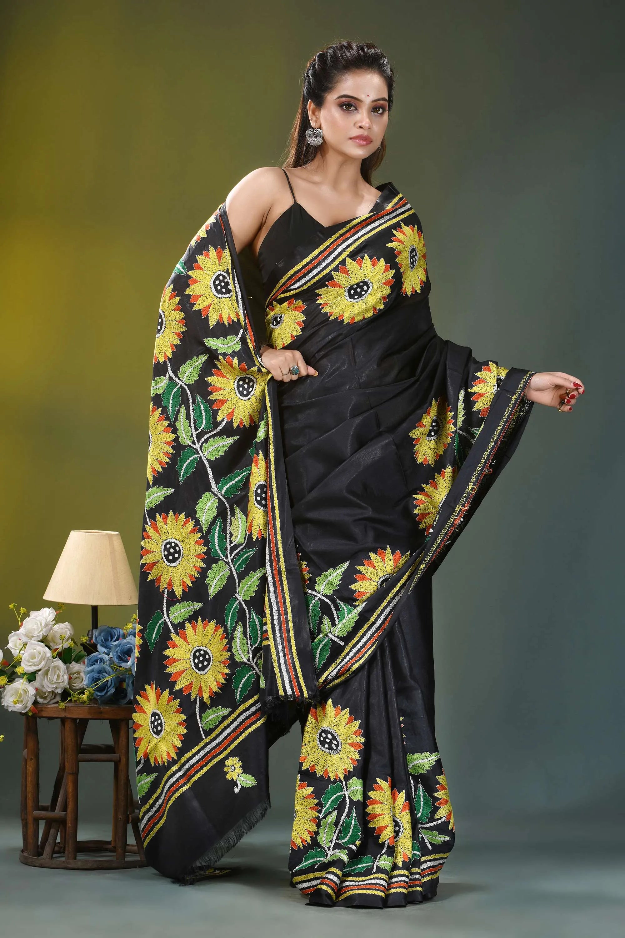 Raven black sunflower design silk kantha work saree black silk saree adorned vibrant 5