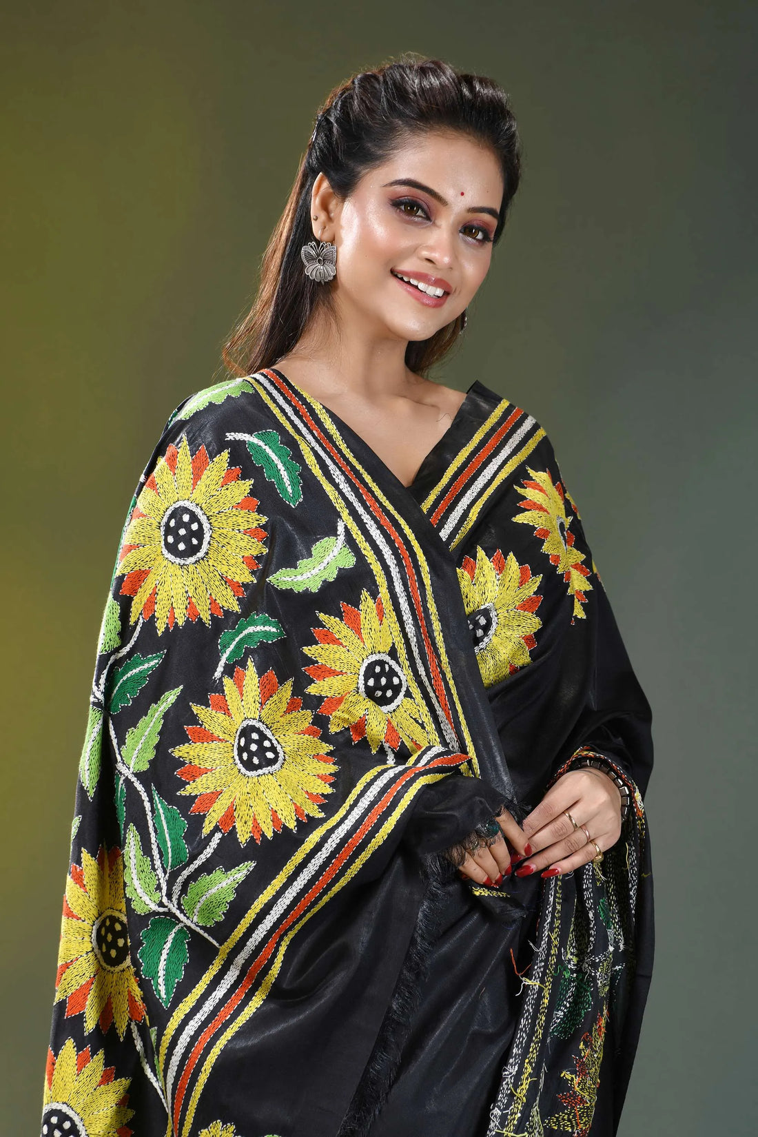 Raven black sunflower design silk kantha work saree black silk saree adorned vibrant 2