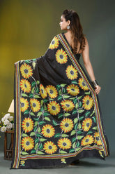 Raven black sunflower design silk kantha work saree black silk saree adorned vibrant 4