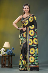 Raven black sunflower design silk kantha work saree black sari adorned vibrant yellow 6