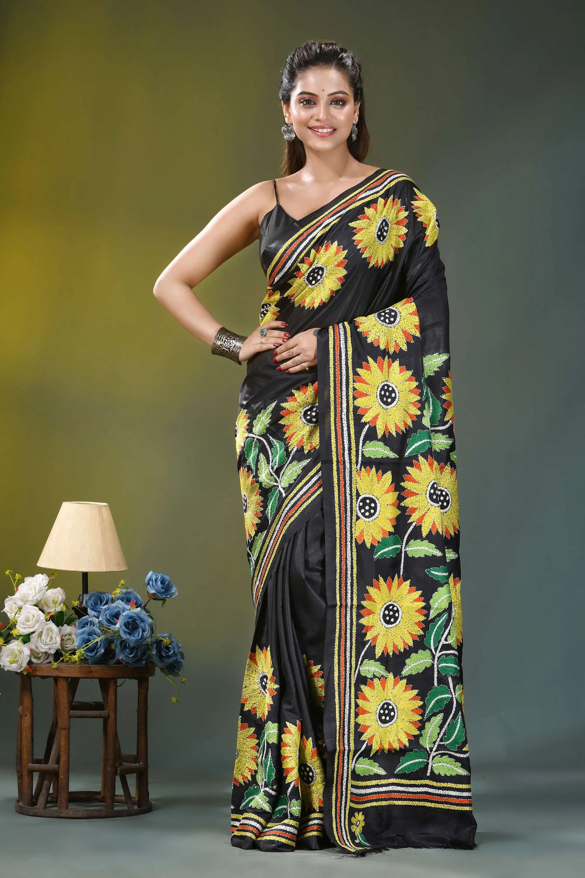 Raven black sunflower design silk kantha work saree black sari adorned vibrant yellow 6