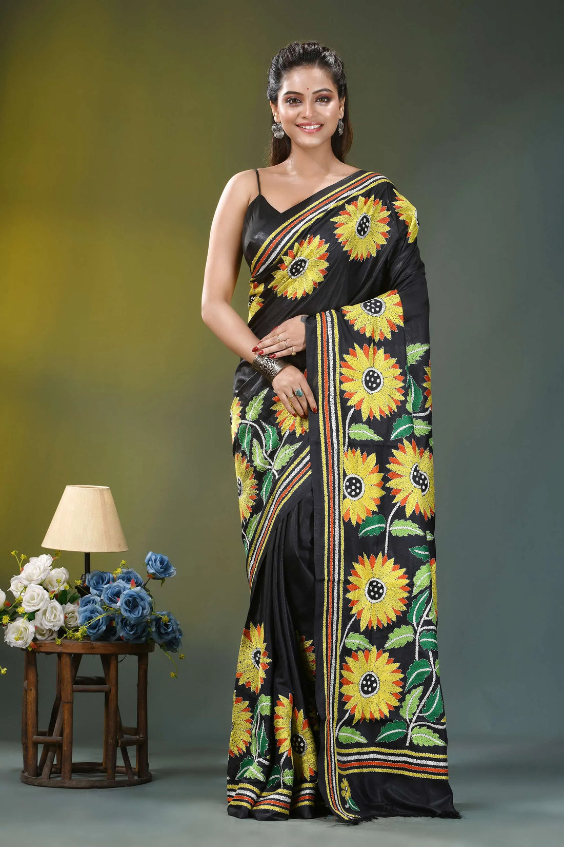 Raven black sunflower design silk kantha work saree black silk saree adorned vibrant 1