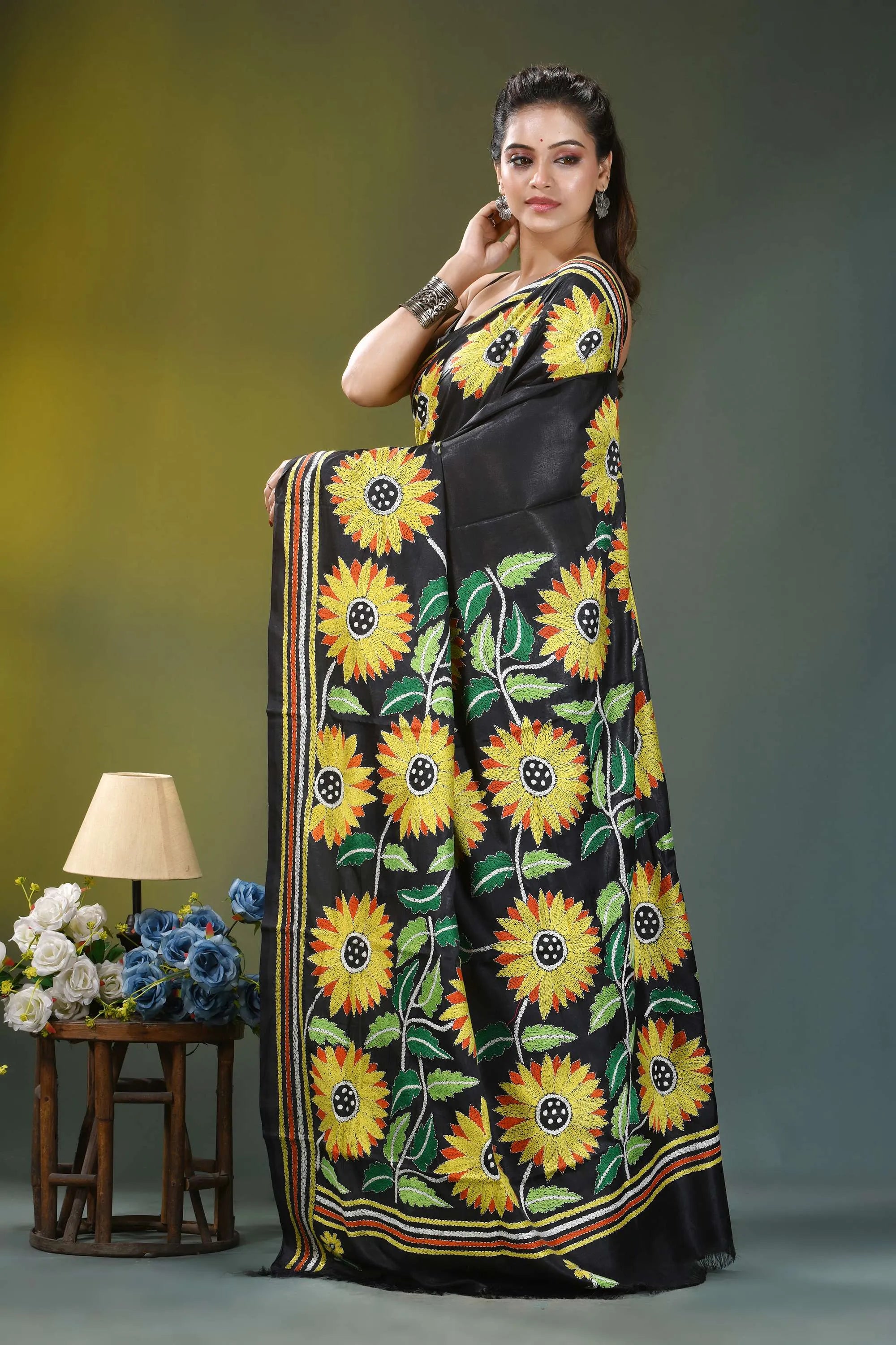 Raven black sunflower design silk kantha work saree black saree adorned vibrant yellow 3