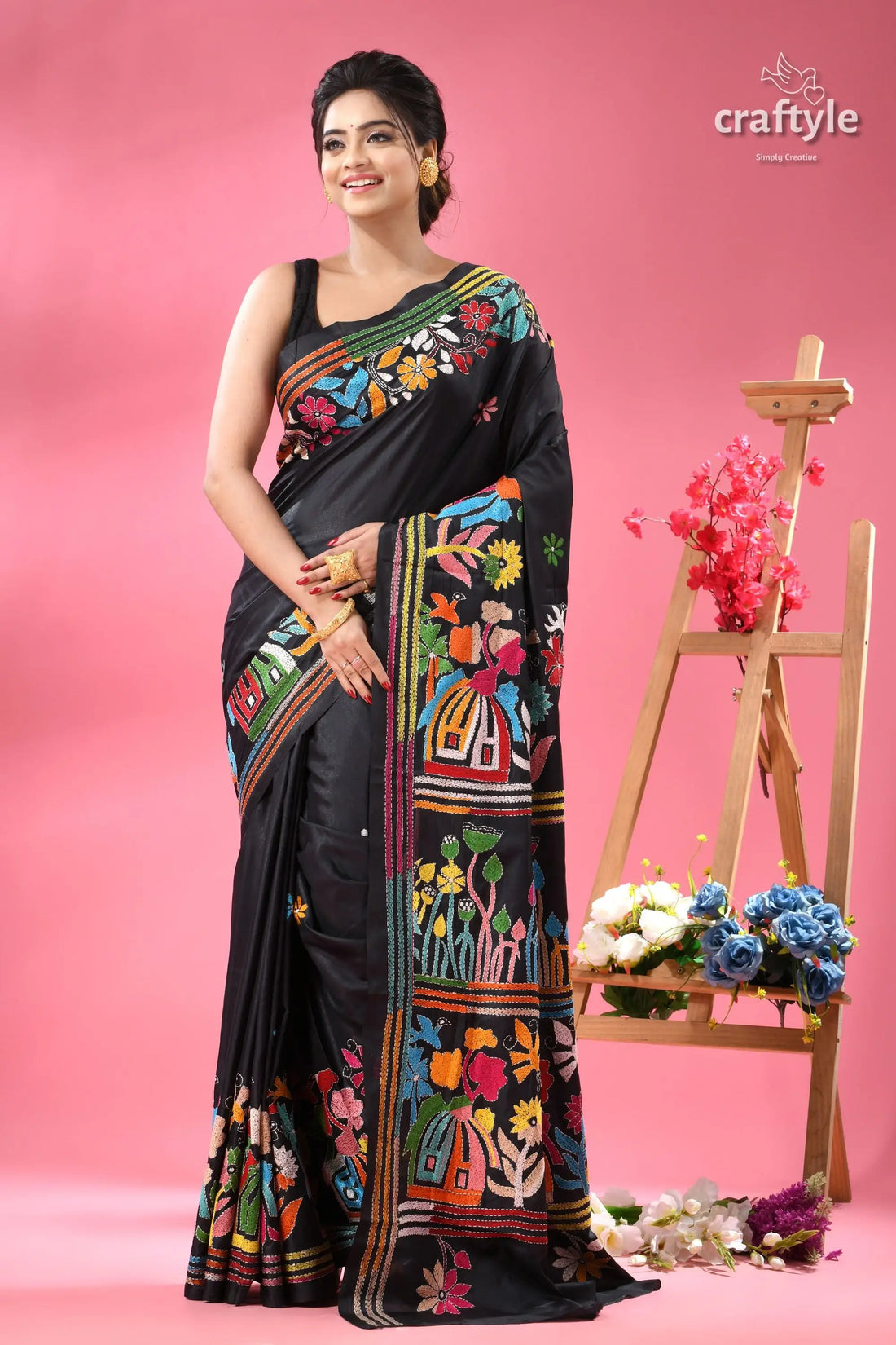 Raven black village theme designer kantha silk saree black saree colorful floral embroidery 1