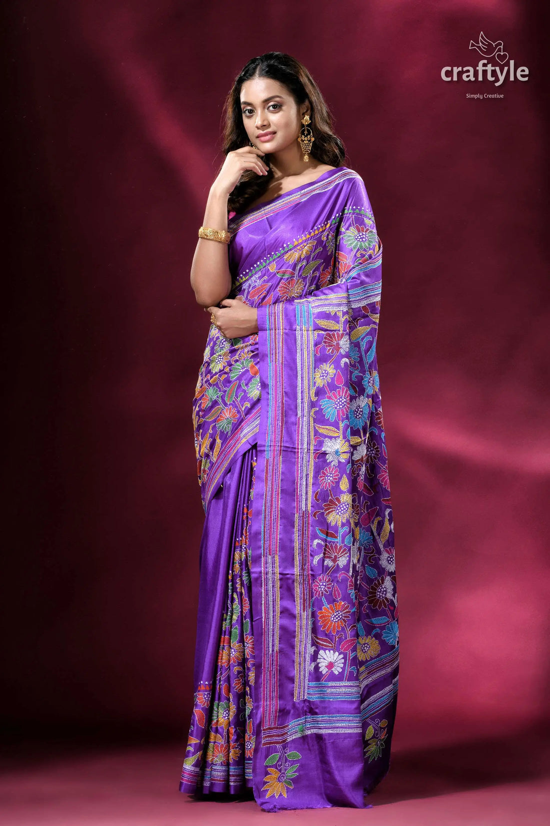 Rebecca purple flower motif silk kantha work saree purple floral-patterned saree 1