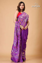 Rebecca Purple Tulip Design Artisanal Silk Kantha Saree-Craftyle