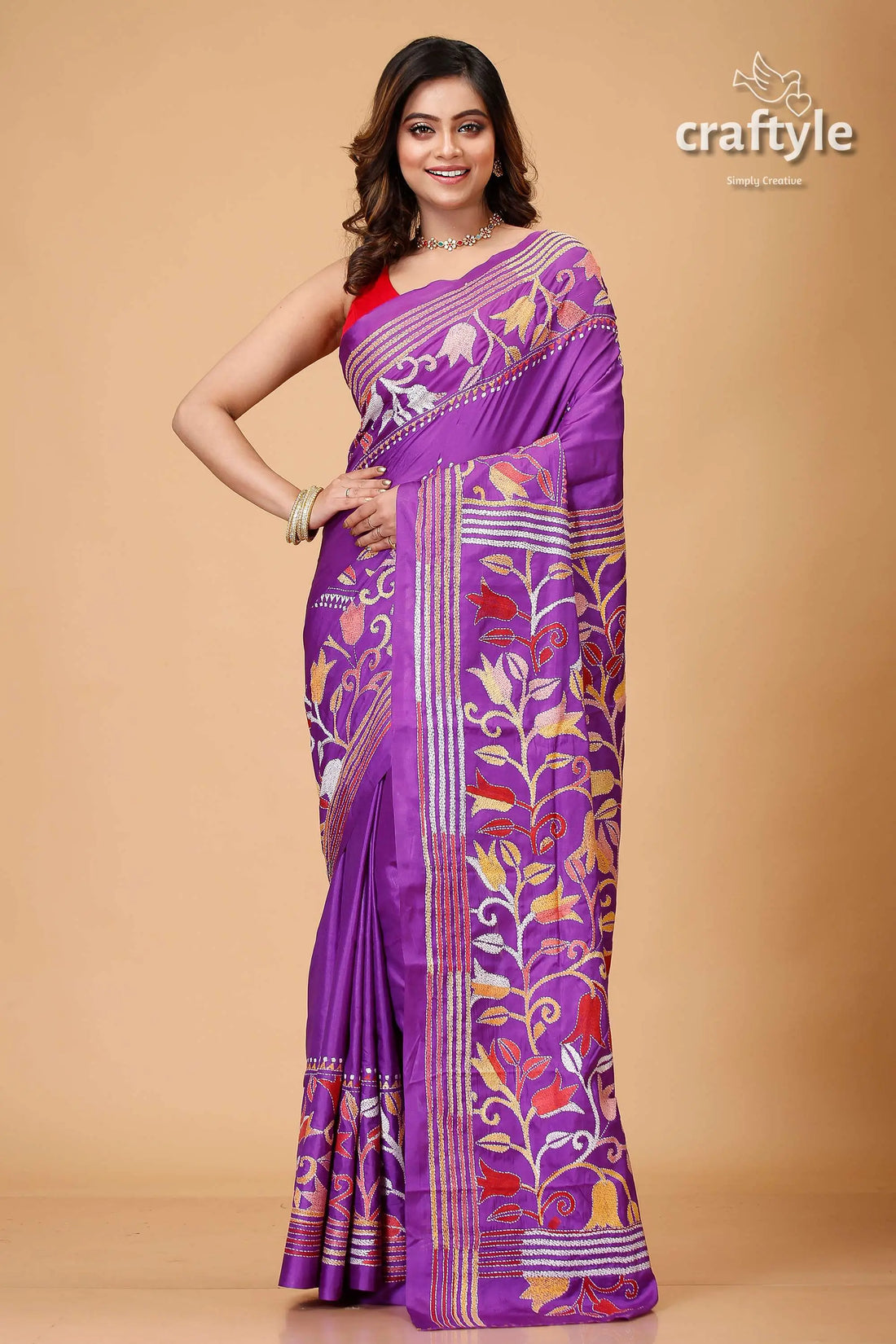 Rebecca purple tulip design artisanal silk kantha saree purple saree floral embroidery 1