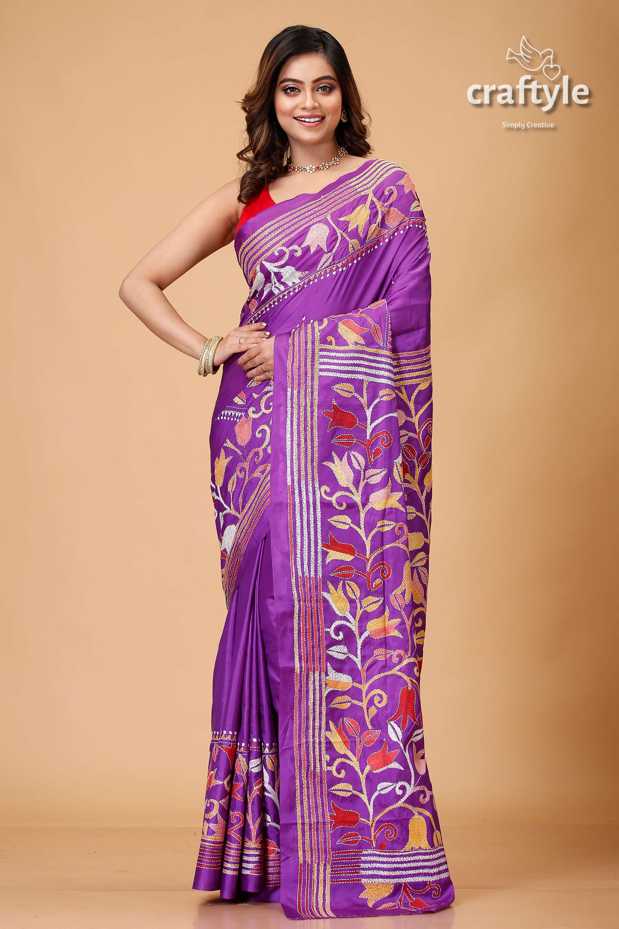Rebecca Purple Tulip Design Artisanal Silk Kantha Saree-Craftyle