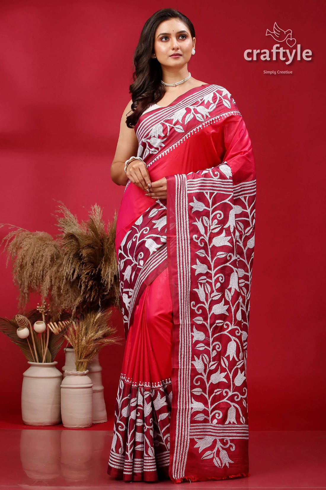 Red and amaranth purple dyed silk kantha stitch saree red white floral saree 1