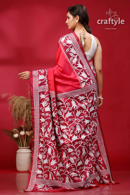 Red and amaranth purple dyed silk kantha stitch saree red saree white floral pattern 5