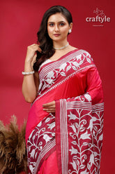 Red and amaranth purple dyed silk kantha stitch saree red saree white floral embroidery 2