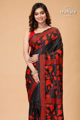 Red and Black Floral Motif Kantha Embroidered Silk Saree-Craftyle