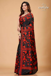 Red and Black Floral Motif Kantha Embroidered Silk Saree-Craftyle