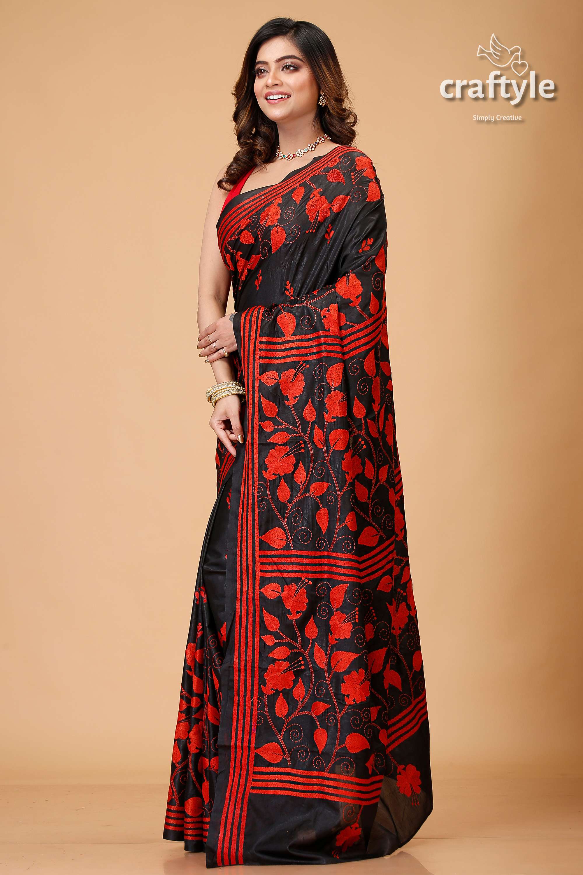 Red and Black Floral Motif Kantha Embroidered Silk Saree-Craftyle