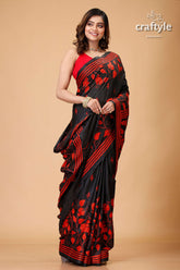Red and Black Floral Motif Kantha Embroidered Silk Saree-Craftyle