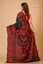 Red and Black Floral Motif Kantha Embroidered Silk Saree-Craftyle