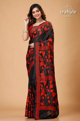 Red and Black Floral Motif Kantha Embroidered Silk Saree-Craftyle