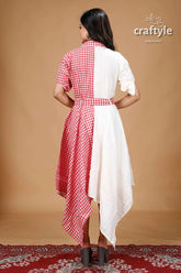 Red and white desighner cotton gown with belt half-checkered half-white dress 4