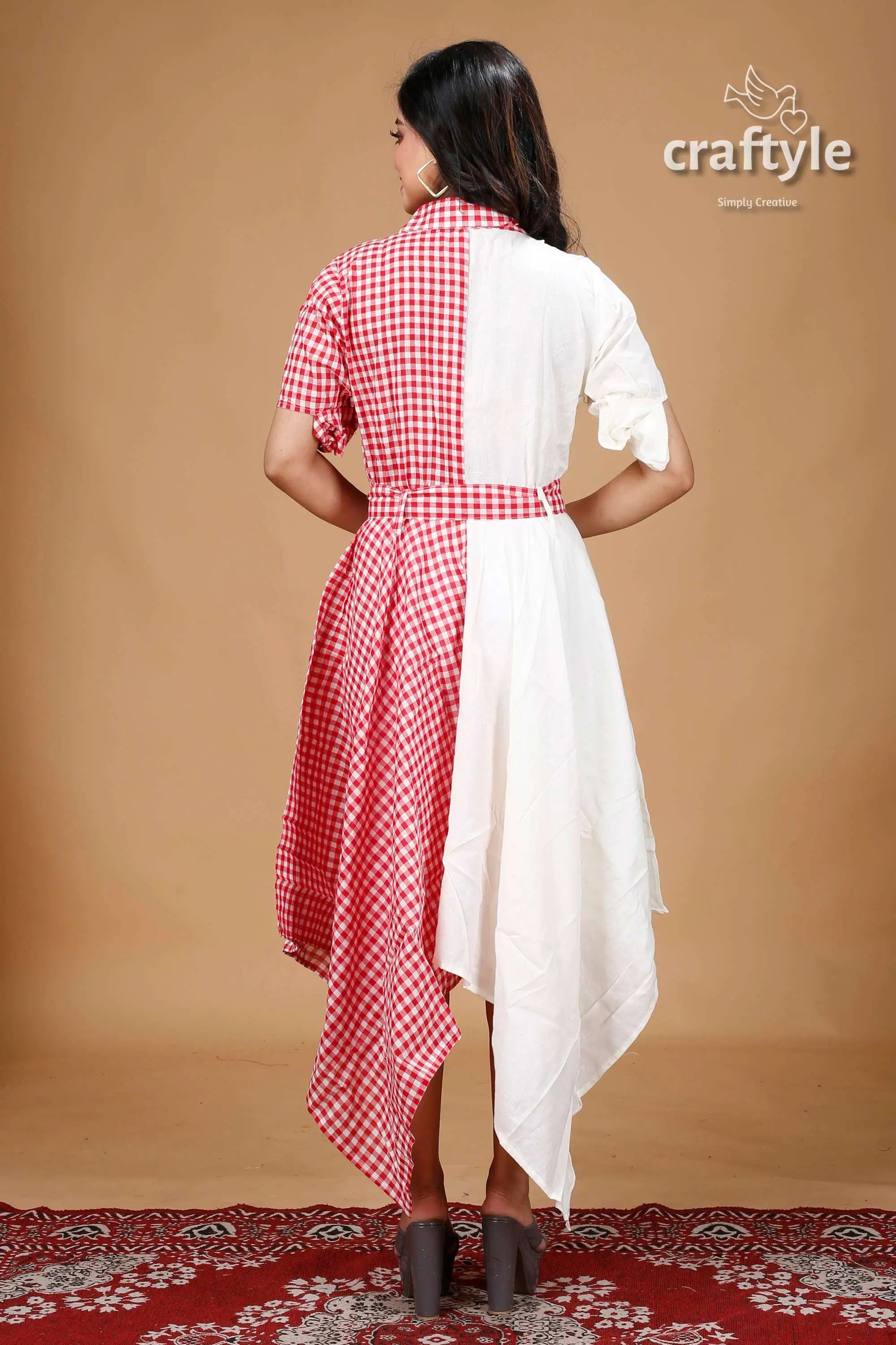 Red and white desighner cotton gown with belt half-checkered half-white dress 4