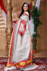 Red and White Hand Block Kerala Cotton Saree-Craftyle