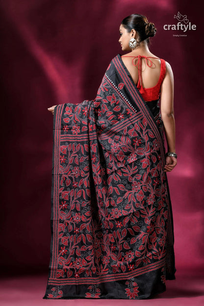 Red &amp; black floral motif silk kantha work saree black saree red floral embroidery 5