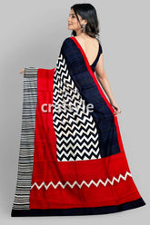 Red & Black Hand Block Print Mulberry Pure Silk Saree - Craftyle