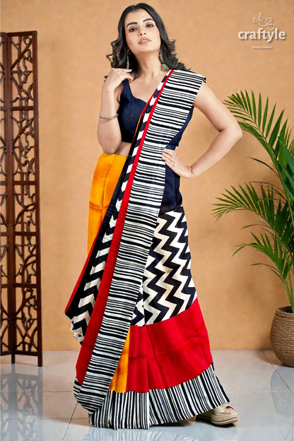 Red &amp; black hand block print mulberry pure silk saree 3