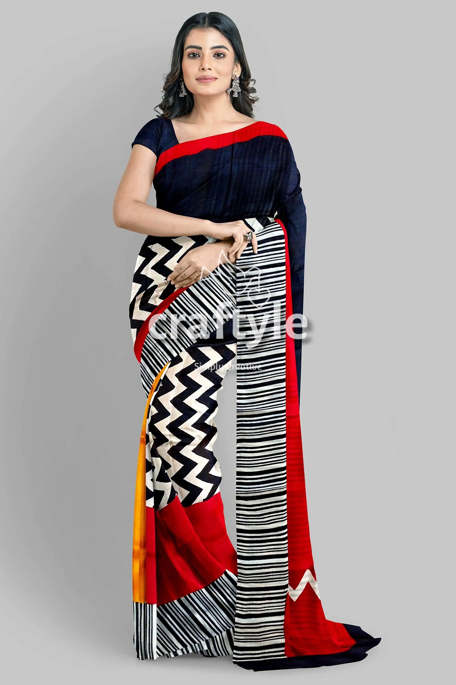Red &amp; black hand block print mulberry pure silk saree woman colorful patterned saree 3