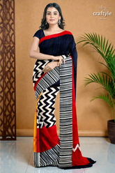Red & black hand block print mulberry pure silk saree 2