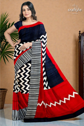 Red & black hand block print mulberry pure silk saree 1