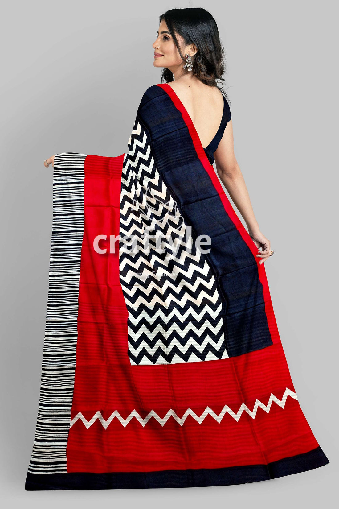 Red &amp; Black Hand Block Print Murshidabad Pure Silk Saree-Craftyle