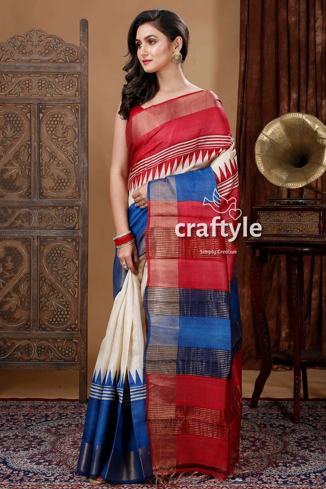 Red & blue temple work hand block printed zari pure tussar saree woman colorful saree 2