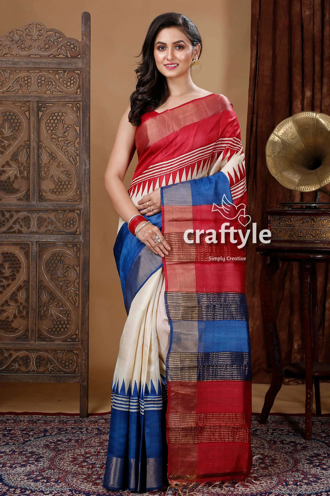 Red & blue temple work hand block printed zari pure tussar saree woman red white blue saree 1